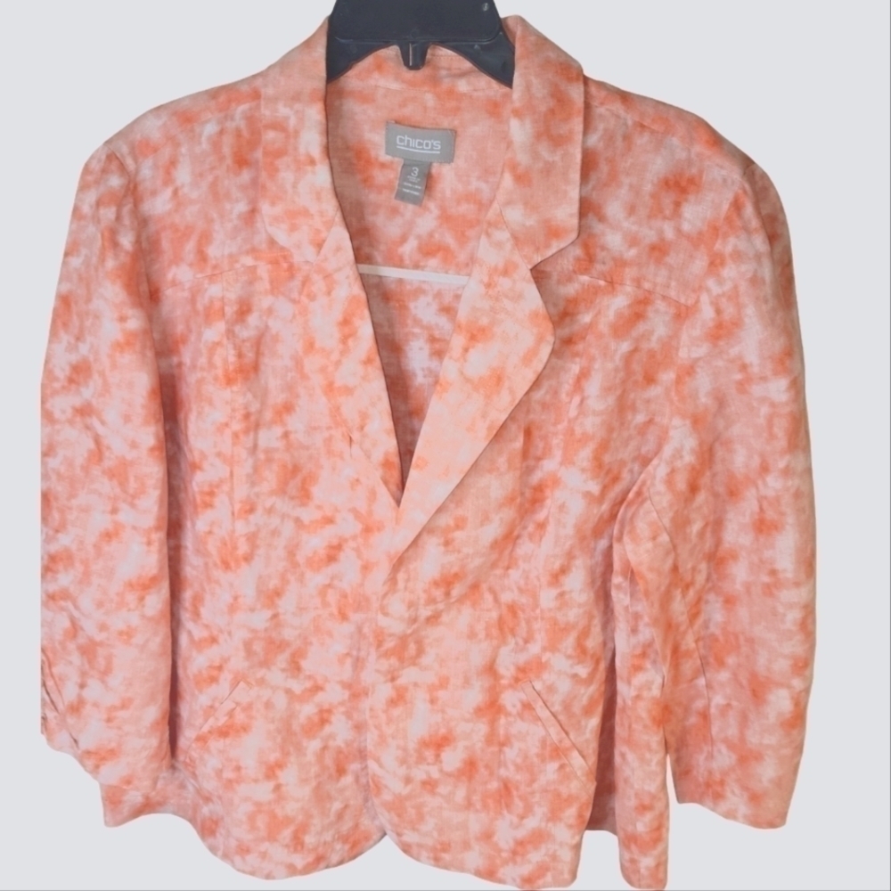 Chico's Women's 100% Linen Open Front 3/4 Sleeves Fall Summer Blazer Chico Sz 3